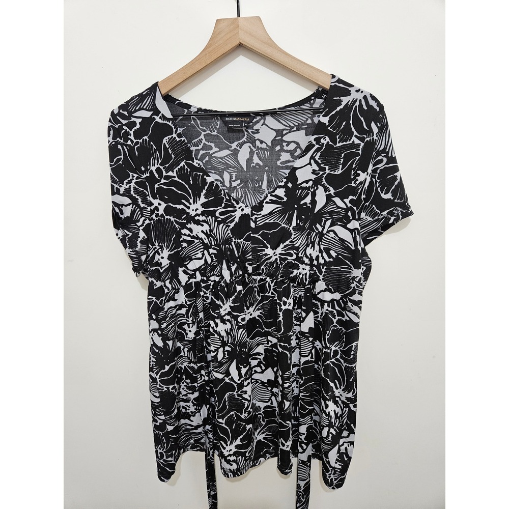 BCBGMAXAZRIA Womens XL Black White‎ Floral Empire Waist Tie Back V-Neck Top y2k